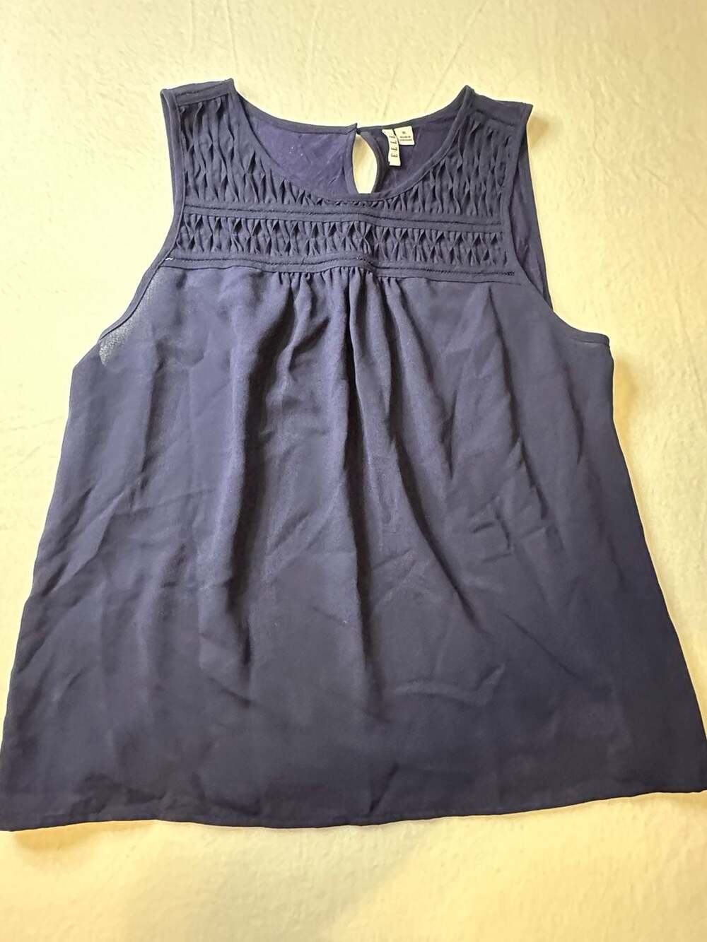 Elle Navy Blue Sleeveless Tank Top with Smocked Yoke and Keyhole Back